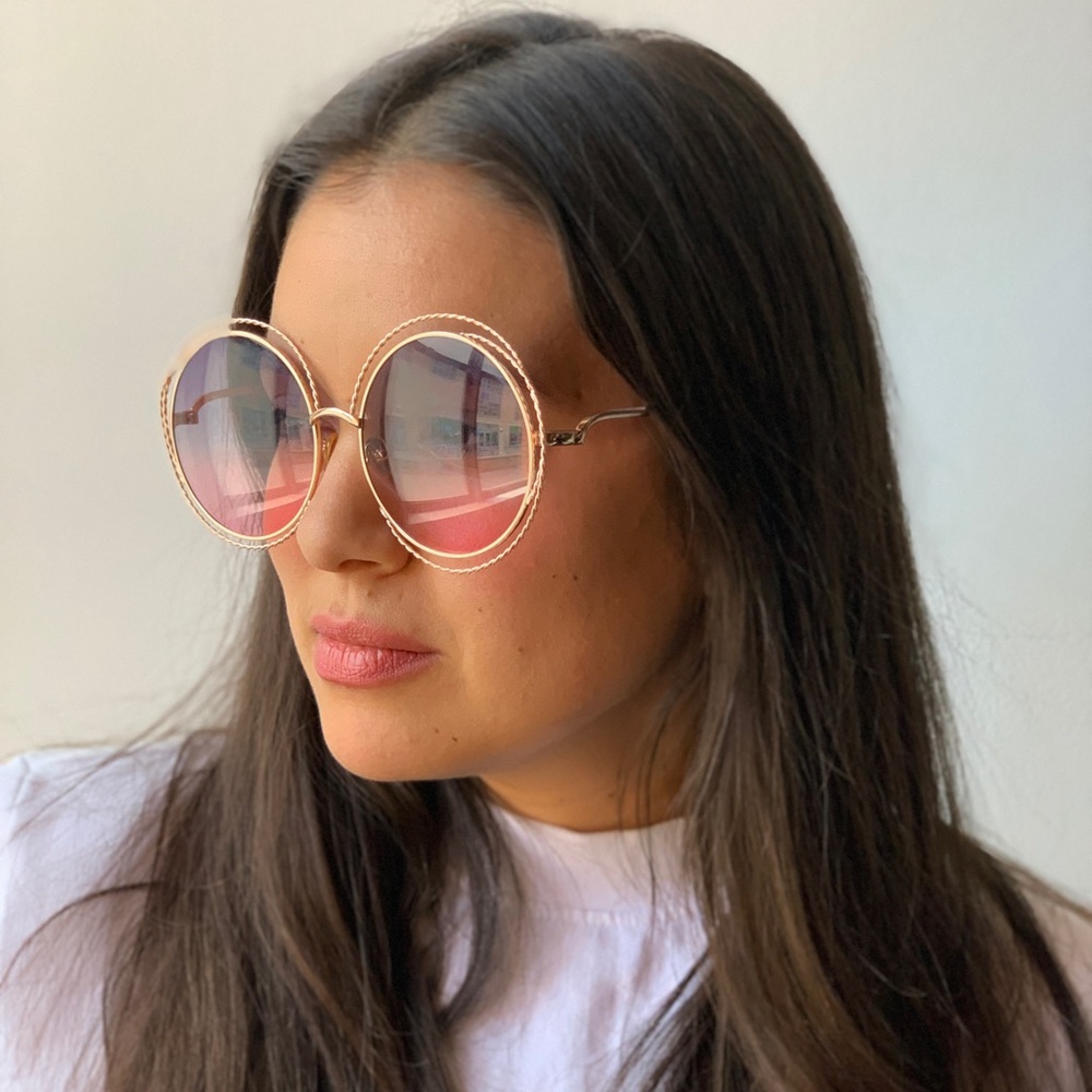 Pink hombre round frame sunglasses w gold hardware